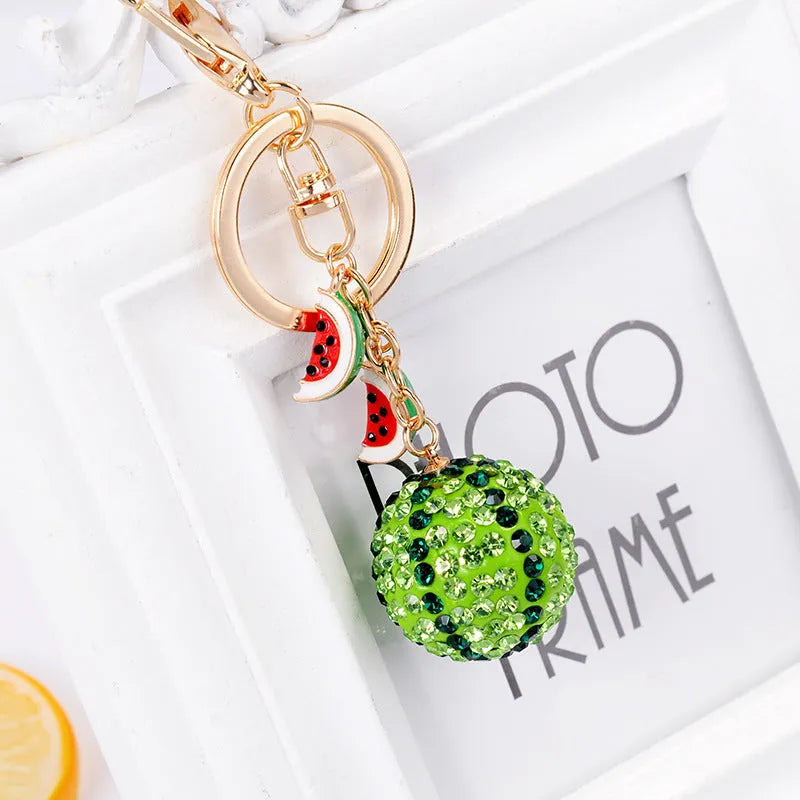 Green watermelon-shaped metal keychain with keyring, 12cm zinc alloy fruit accessory