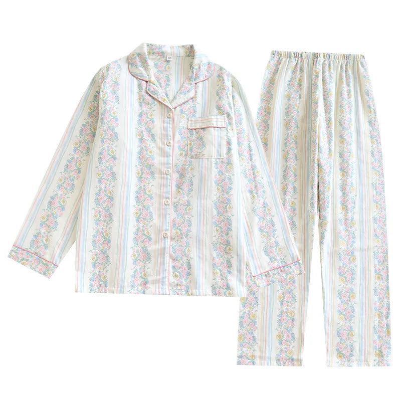 Japanese women's cotton gauze homewear set with long sleeves and trousers in striped or red fruit print