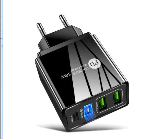 Dual USB fast charge travel charger with PD and interchangeable UK EU US plugs in black