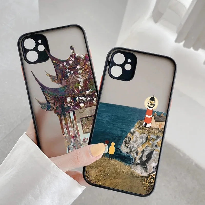 Vintage cartoon scenery girl print phone case for iPhone 13 series, showing retro illustration