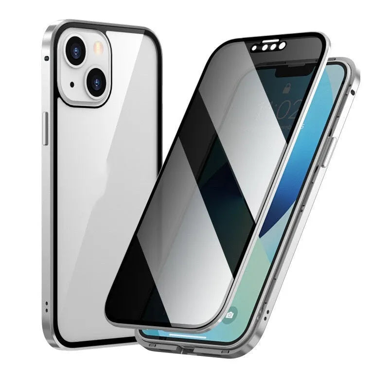 Magnetic aluminium alloy and glass back cover case for iPhone 16, available in different transparent colors with anti-peep screen
