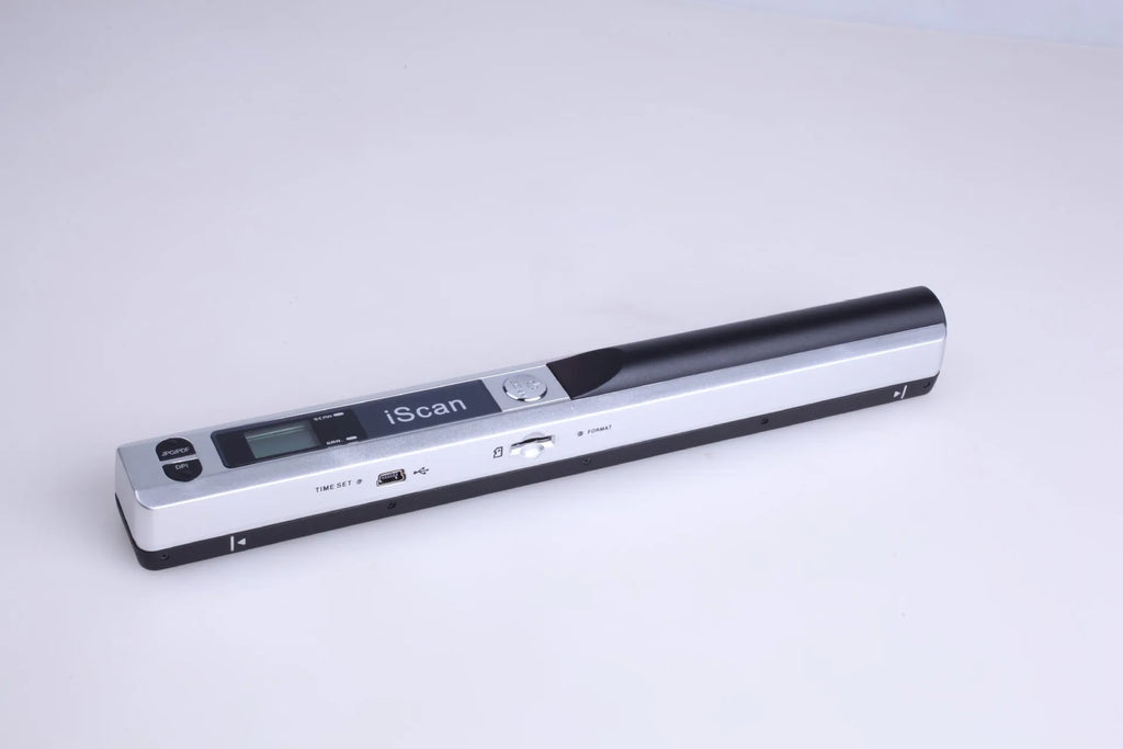 Handheld USB scanner in black, blue, green, red, and silver colour options on a desk.