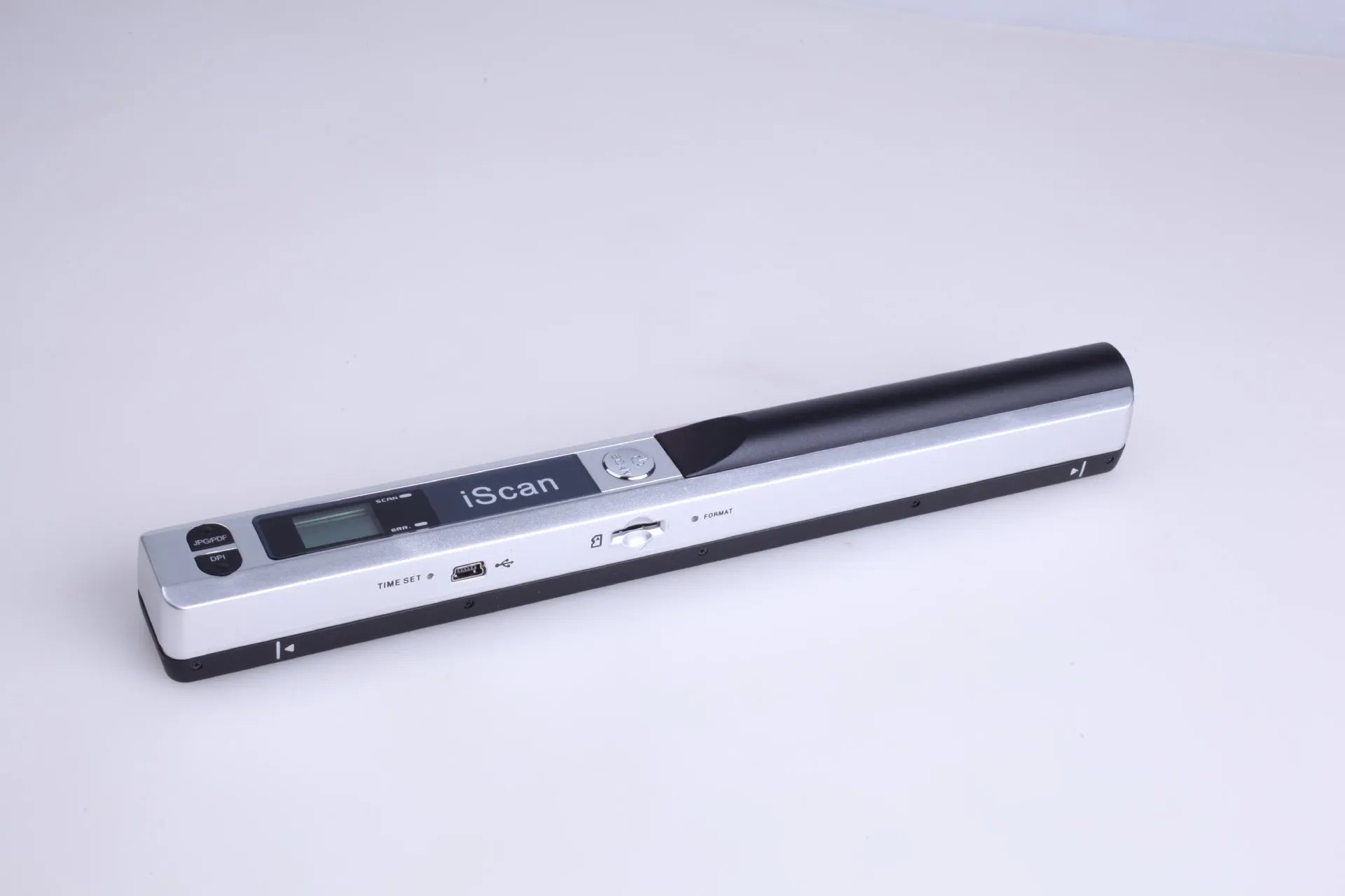 Handheld USB scanner in black, blue, green, red, and silver colour options on a desk.