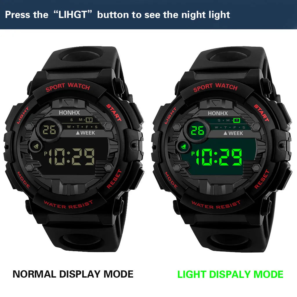 Digital electronic watch for boys and girls with LED display, round resin case, PU strap, black colour option