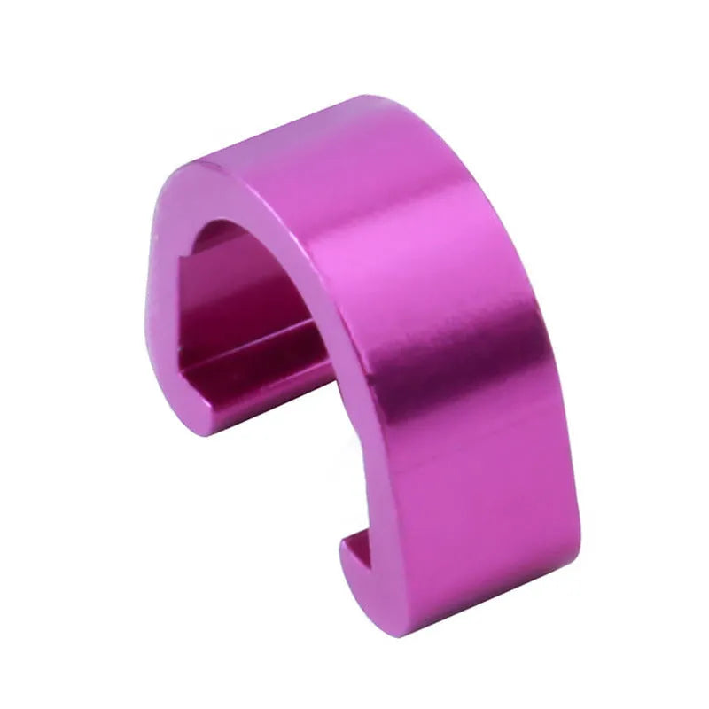 Set of ten small aluminium alloy C-shaped buckles in assorted colours including black, blue, gold, and pink.