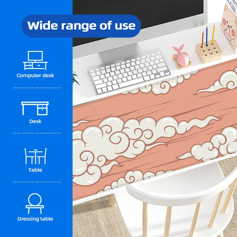 Large rectangular cloud pattern desk mat made of natural rubber on a wooden desk.