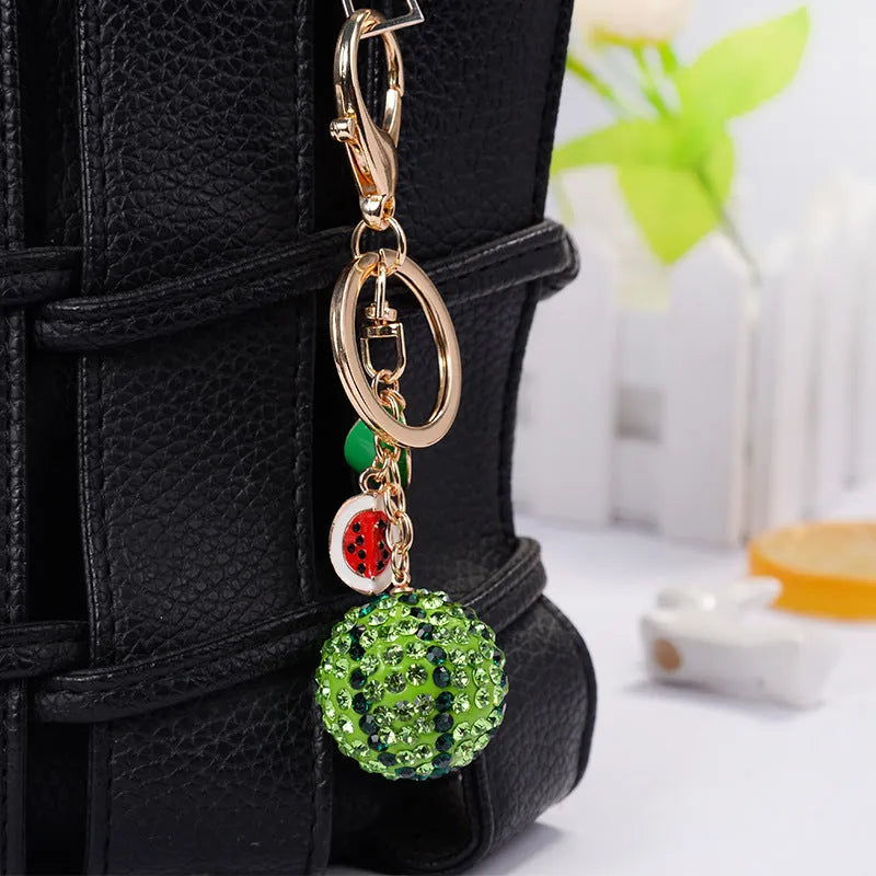 Green watermelon-shaped metal keychain with keyring, 12cm zinc alloy fruit accessory