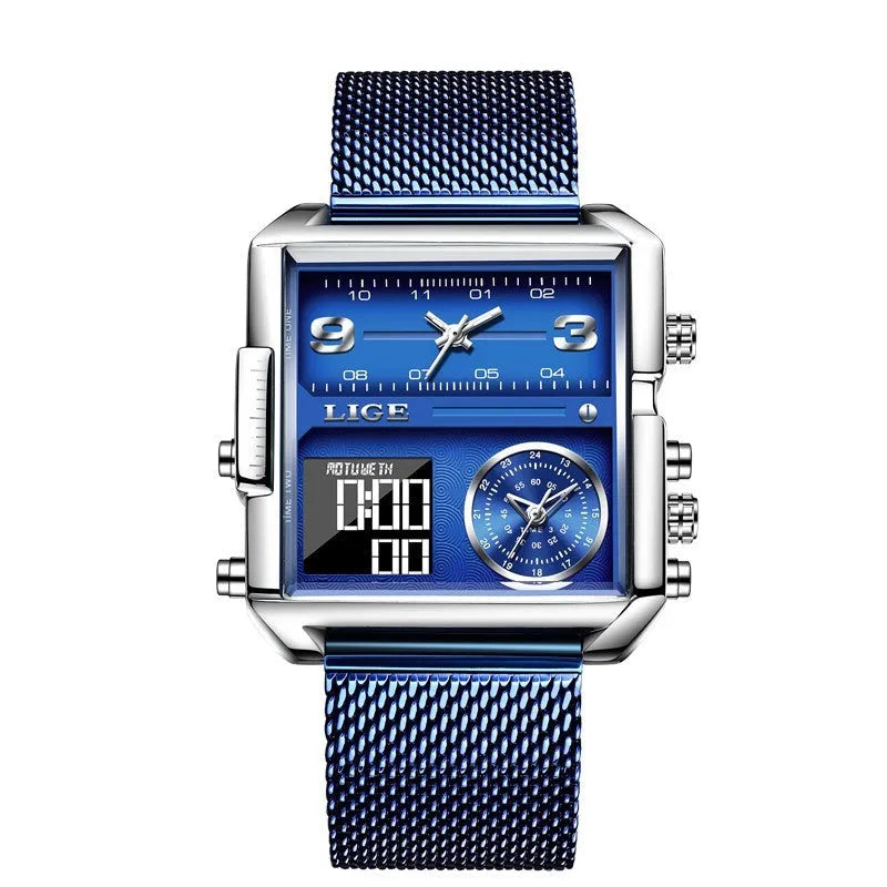 Men's black multi-function quartz watch with genuine leather strap and analogue-digital display
