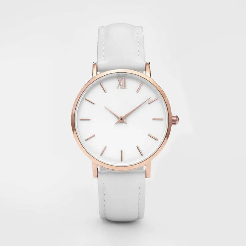Square alloy case quartz watch with PU leather strap in various colours including grey, green, pink, and black.