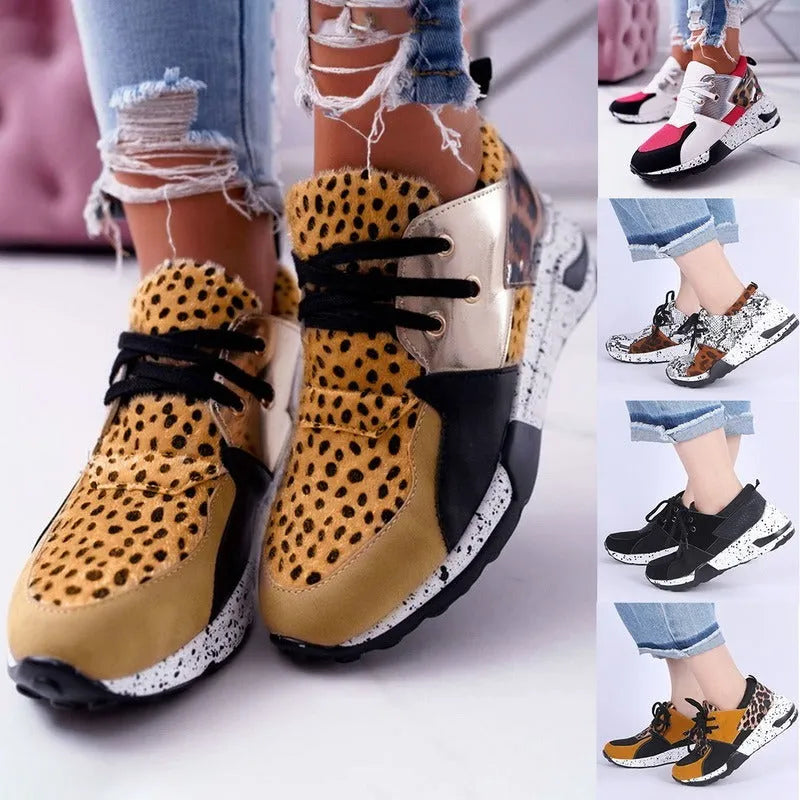 Women's casual suede sneakers with wedge heel in black, leopard, panther, pink, and snake pattern colours