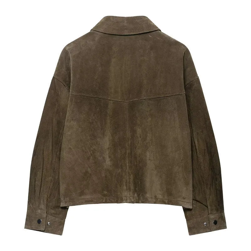 Women's black PU leather-look casual jacket in Japanese Korean style, regular fit.