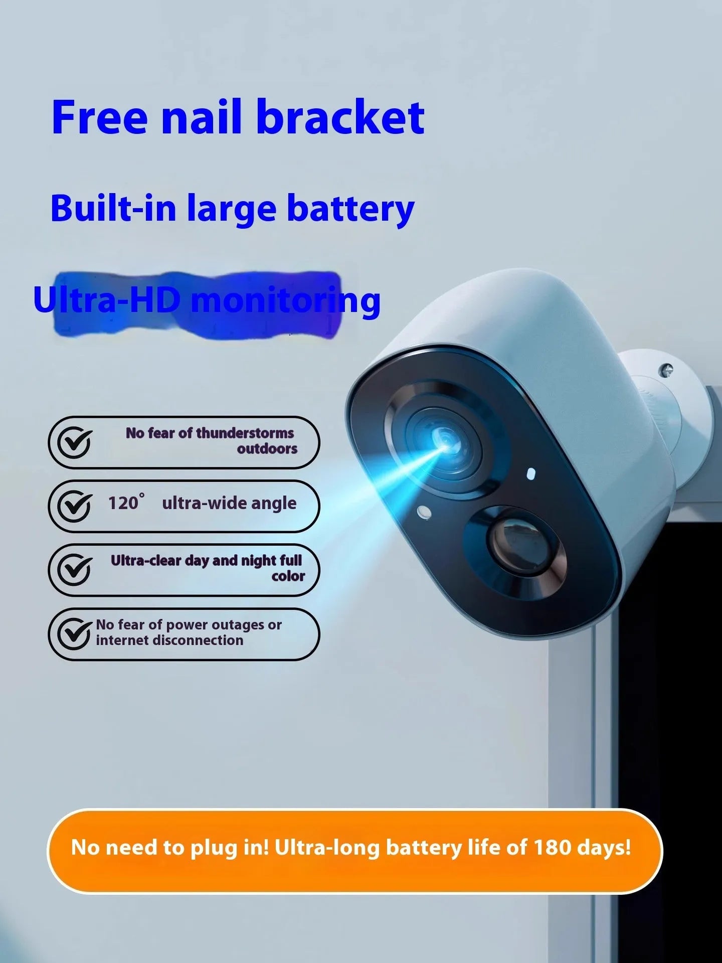 Wireless battery-powered indoor surveillance camera with compact ball design on included bracket.