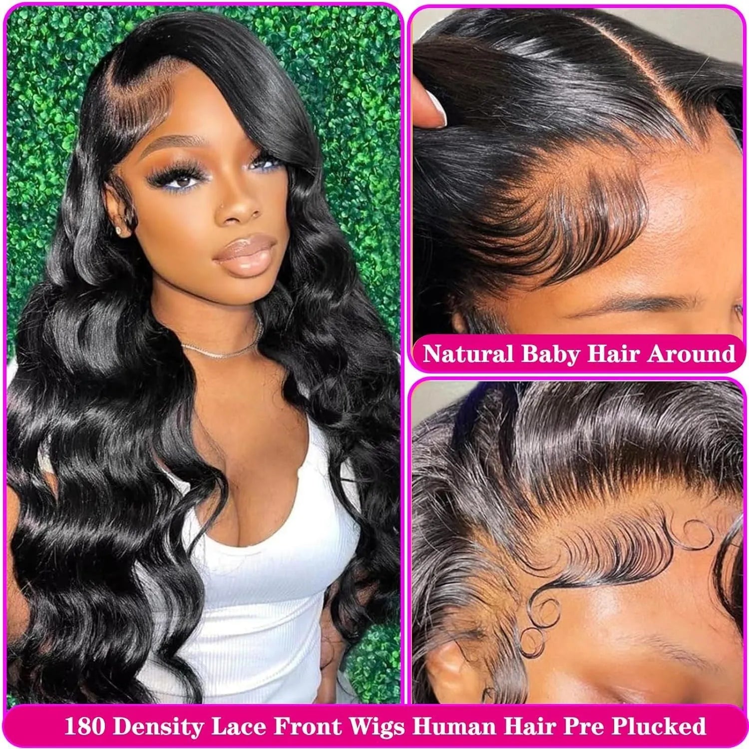 A black synthetic wig with long, medium-large waves, shown on a mannequin head.