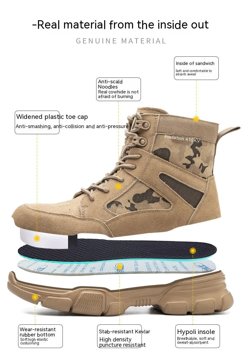 Insulated 10kV anti smashing anti piercing safety boots with suede cowhide upper and rubber sole.