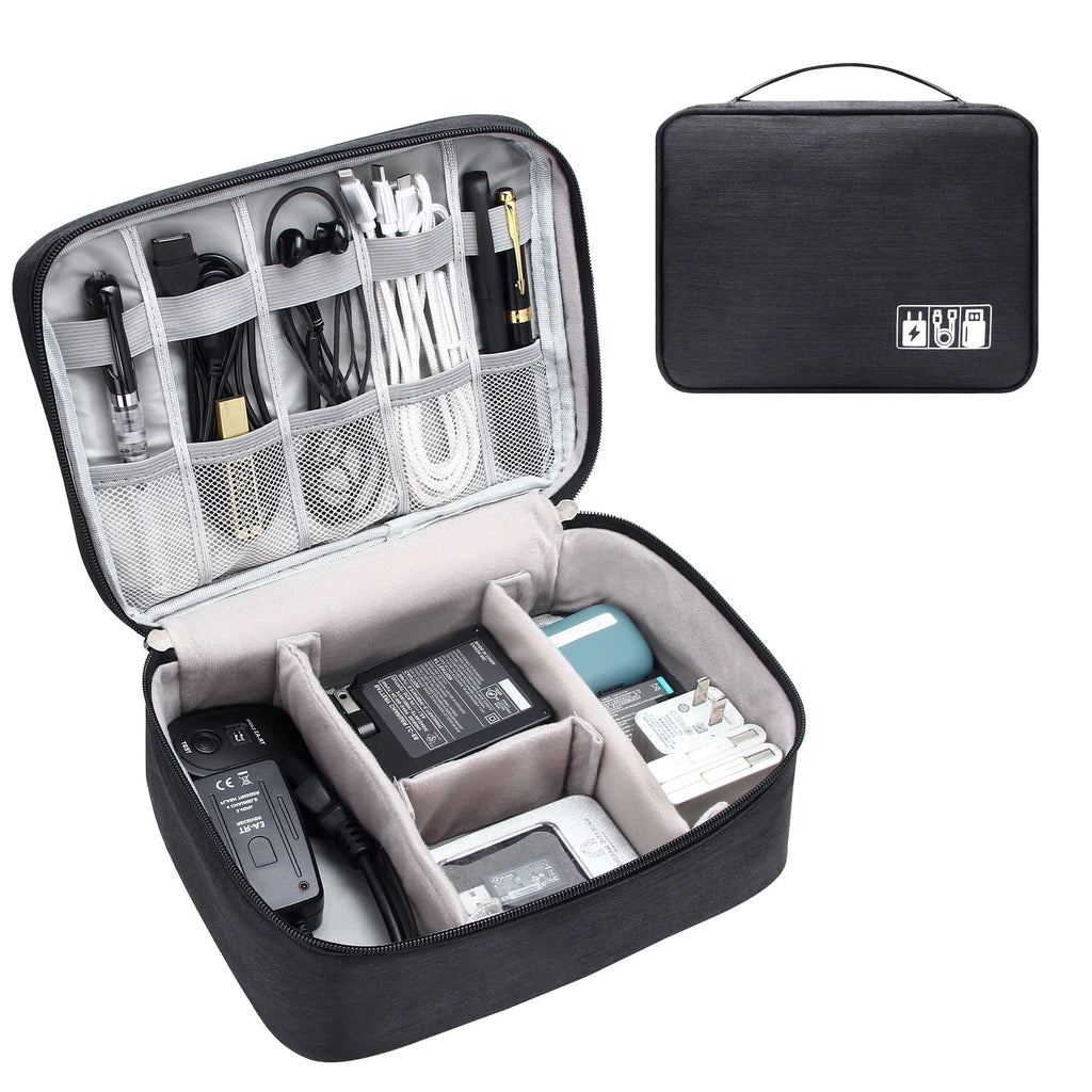 Black waterproof electronics organiser bag open, showing mesh pockets, elastic loops and removable dividers.