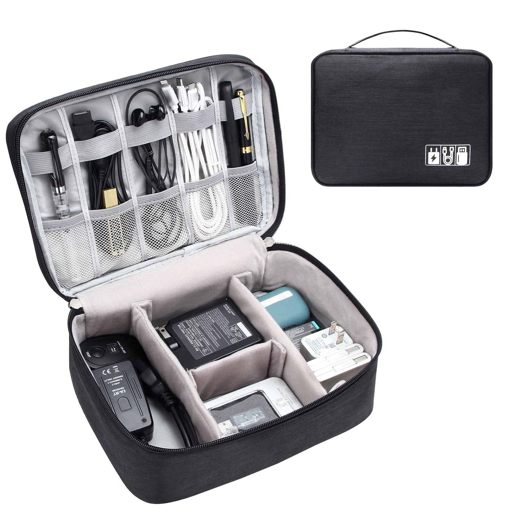 Black waterproof electronics organiser bag open, showing mesh pockets, elastic loops and removable dividers.