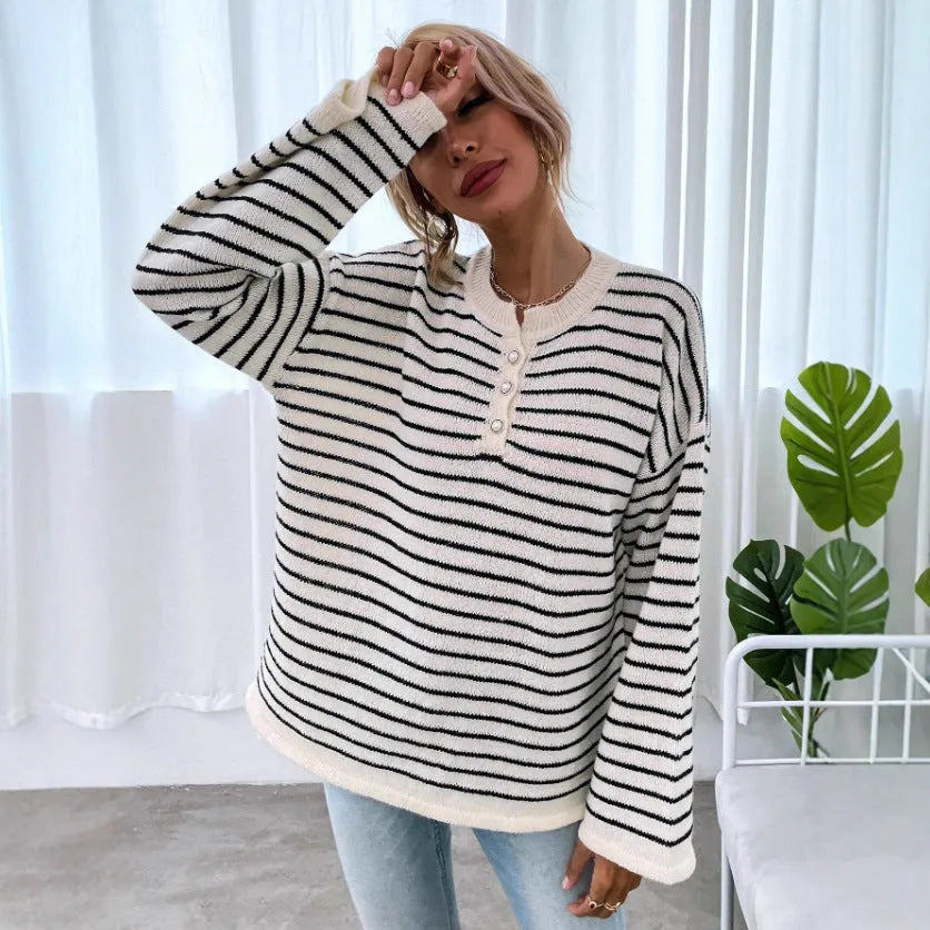 Black striped women's knitted top with drop-shoulder long sleeves and button details