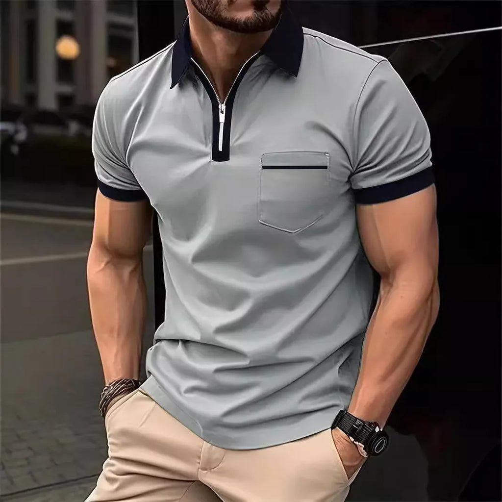 Men's casual short sleeve shirt with chest pocket in a loose fit, shown in a colour with contrasting collar.