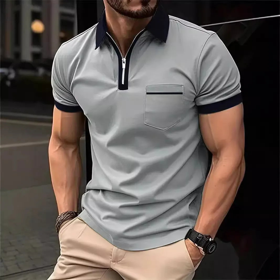 Men's casual short sleeve shirt with chest pocket in a loose fit, shown in a colour with contrasting collar.