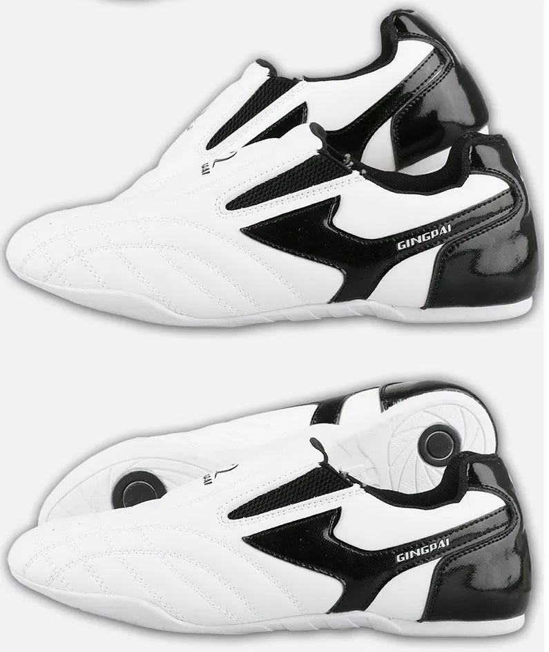 Black and white children's boxing shoes with soft bottom and widened Sanda design