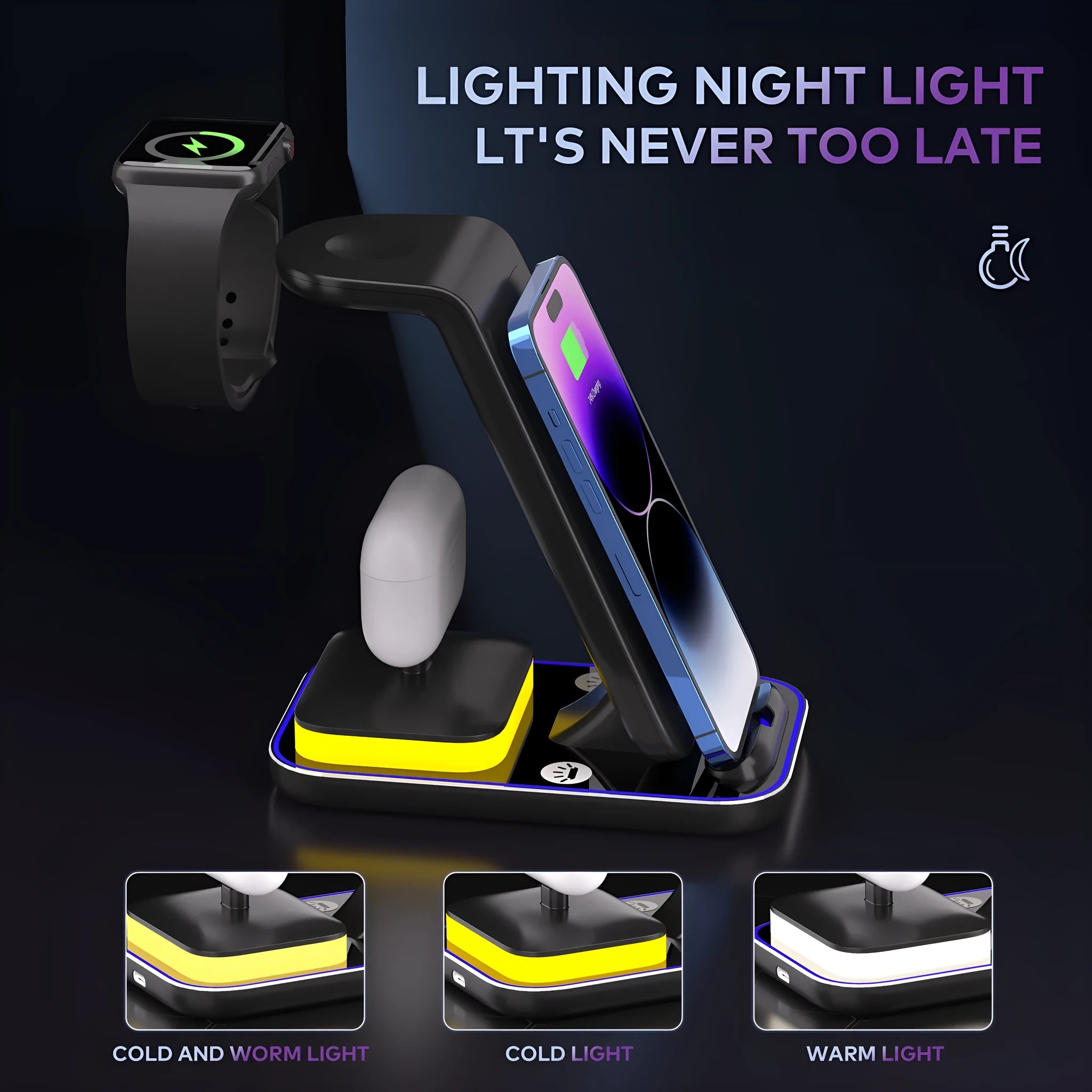 Black and white vertical wireless charging station for mobile phone, Apple Watch and headphones