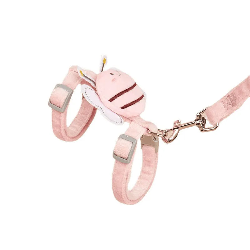 Bee-shaped cat harness and lead set in pink, yellow, and blue colours with adjustable strap