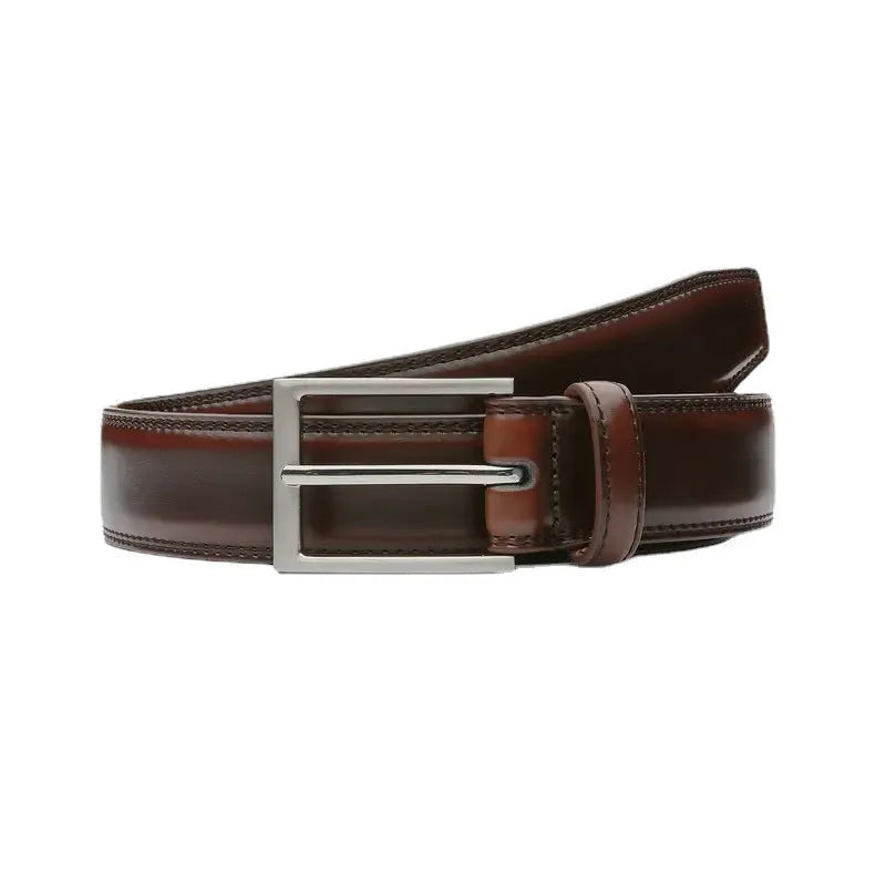 Men's brown leather belt with 95 grain texture and metal alloy buckle shown at 120cm length