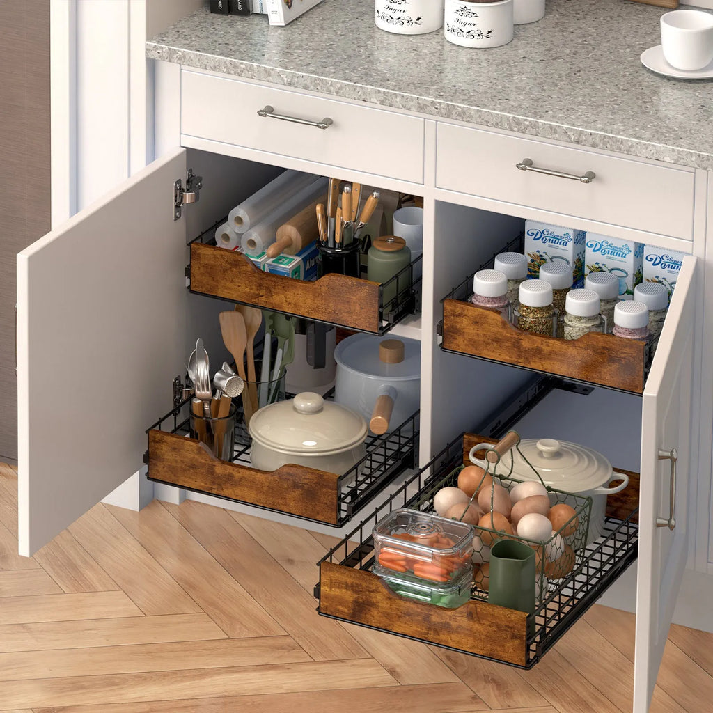 Black wood and iron pull basket storage rack drawer unit for household organisation