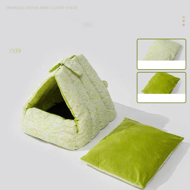 Green triangular flannel pet nest semi-enclosed for small rabbits cats dogs