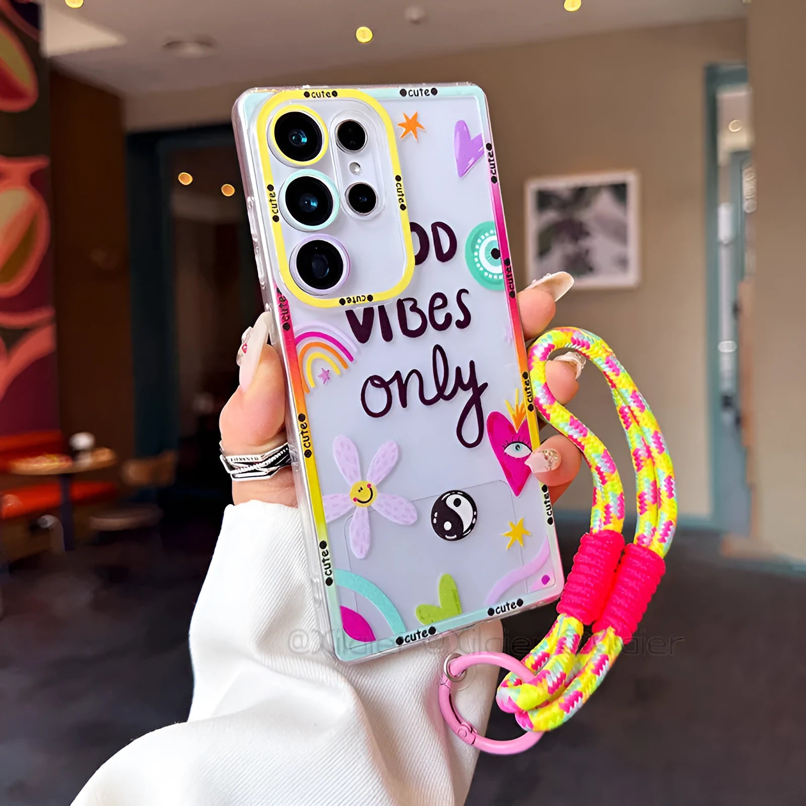Transparent TPU phone case for Samsung with lanyard and chain