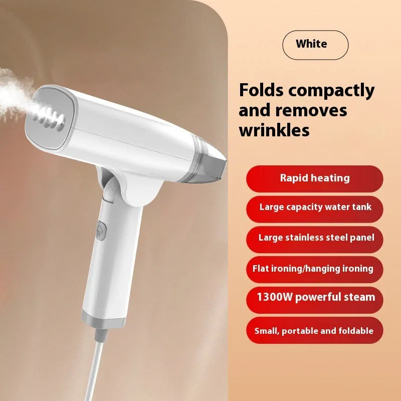 Blue and white handheld garment steamer with 1300W power and two temperature settings