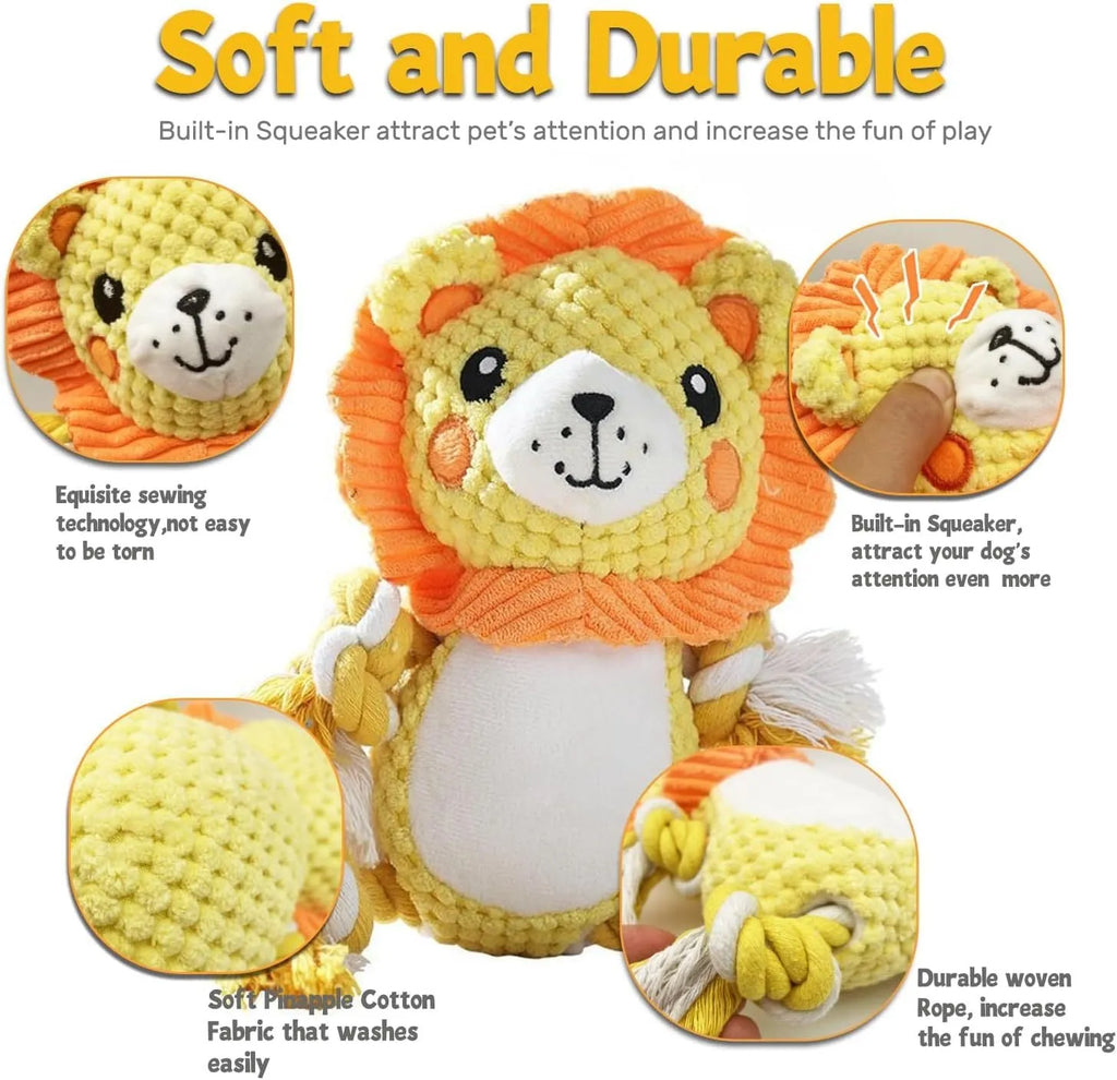 Lion and monkey plush squeaky dog toys side by side showing size difference