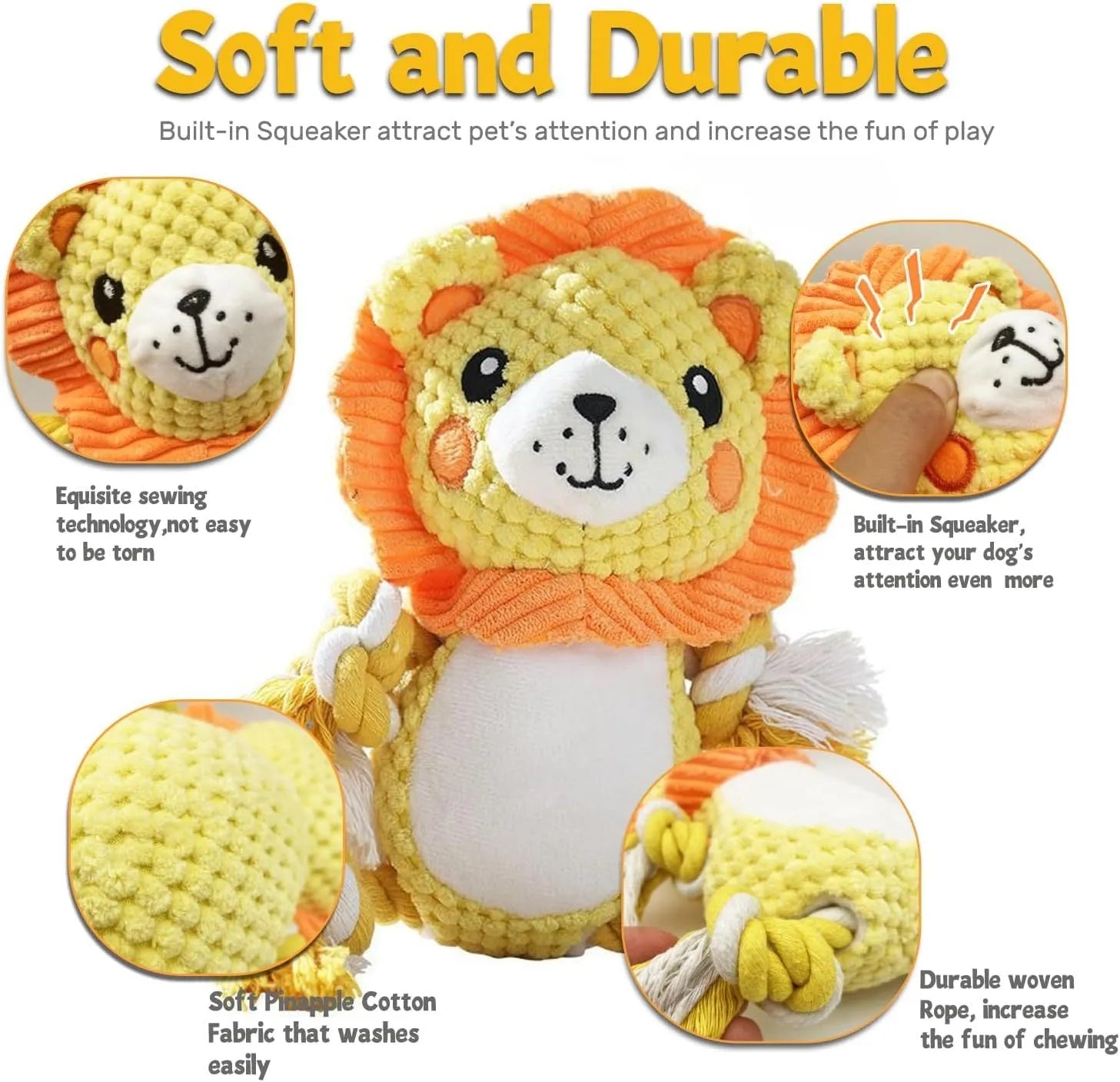 Lion and monkey plush squeaky dog toys side by side showing size difference