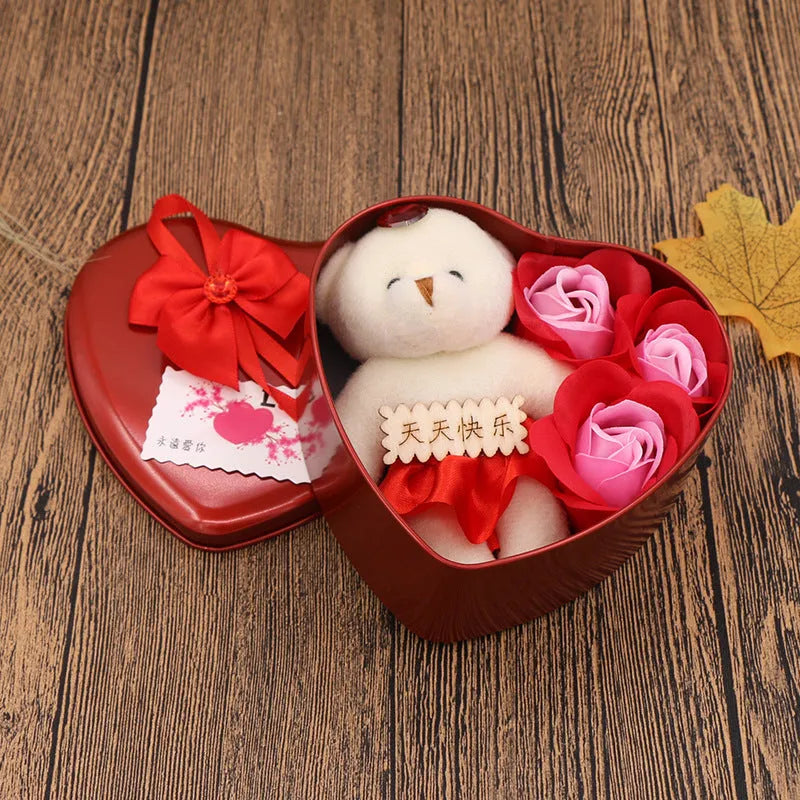 Soap flower gift box heart shaped tin box with bear figure red pink blue purple gradient handmade