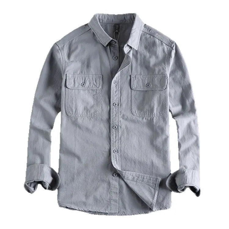 Men's loose fit long sleeve cardigan shirt in polyester, shown in light grey, black, khaki, or green.