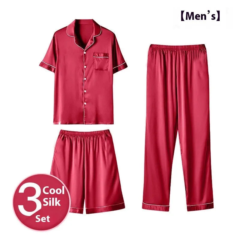 Men's ice silk three-piece pyjama set in black, showing shorts and trousers for lightweight home wear.