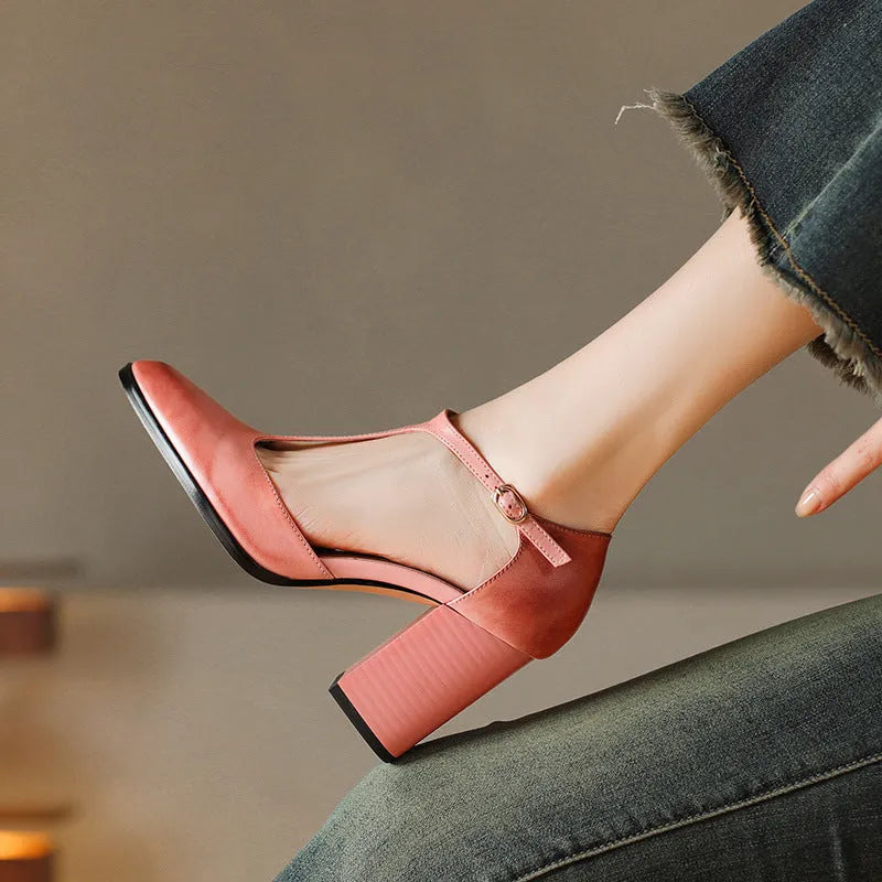 Baotou hollow women's Mary Jane shoes with pointed toe, buckle fastening, available in dark brown and pink colours