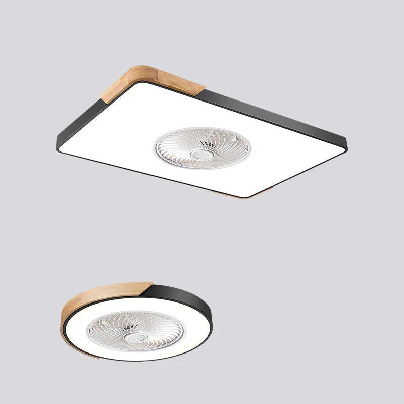Nordic ceiling fan light with solid wood frame shown in rectangular, round, and square shape options.