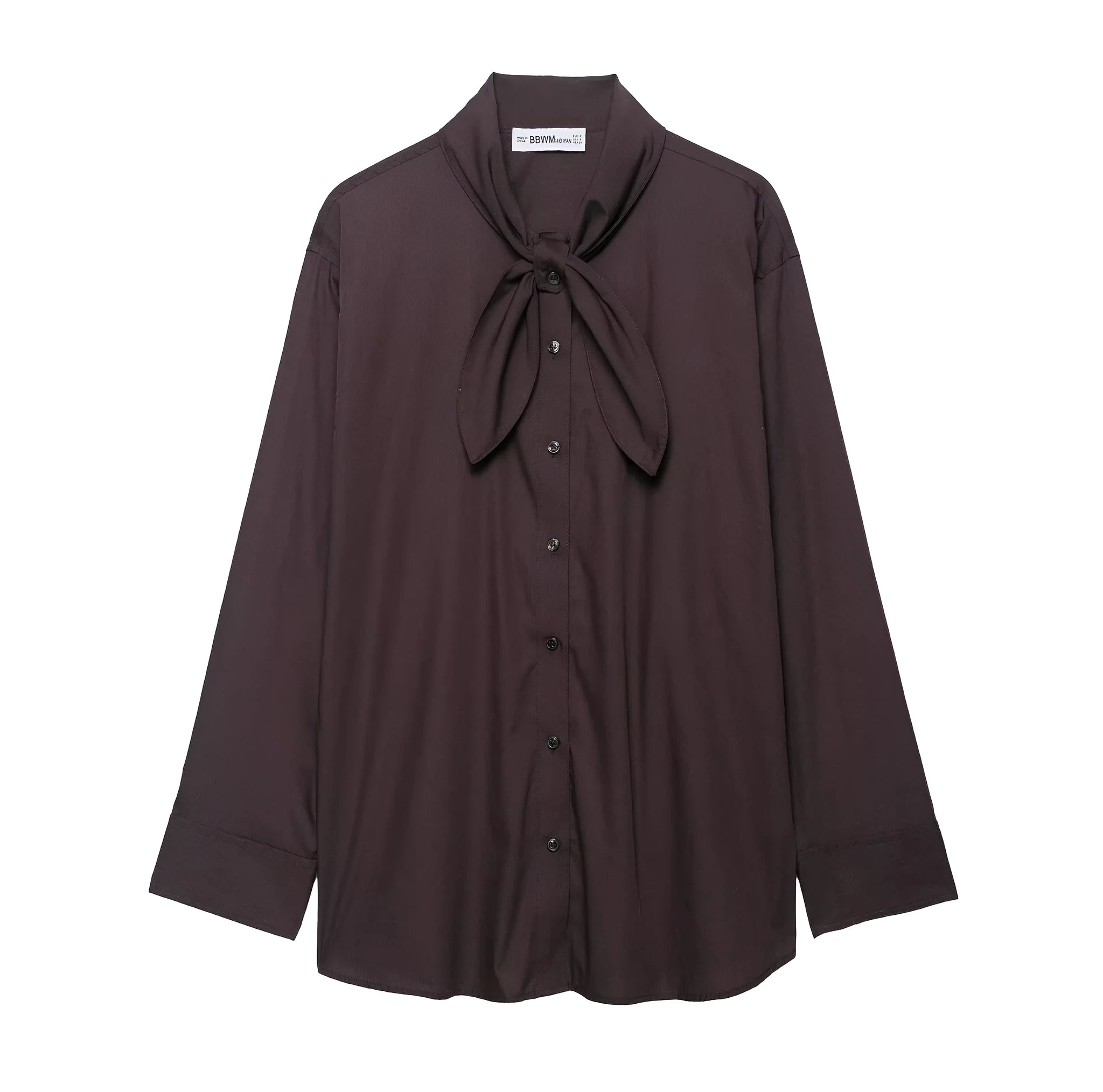 Brown women's loose fit poplin shirt with long sleeves and a scarf bow tie detail.