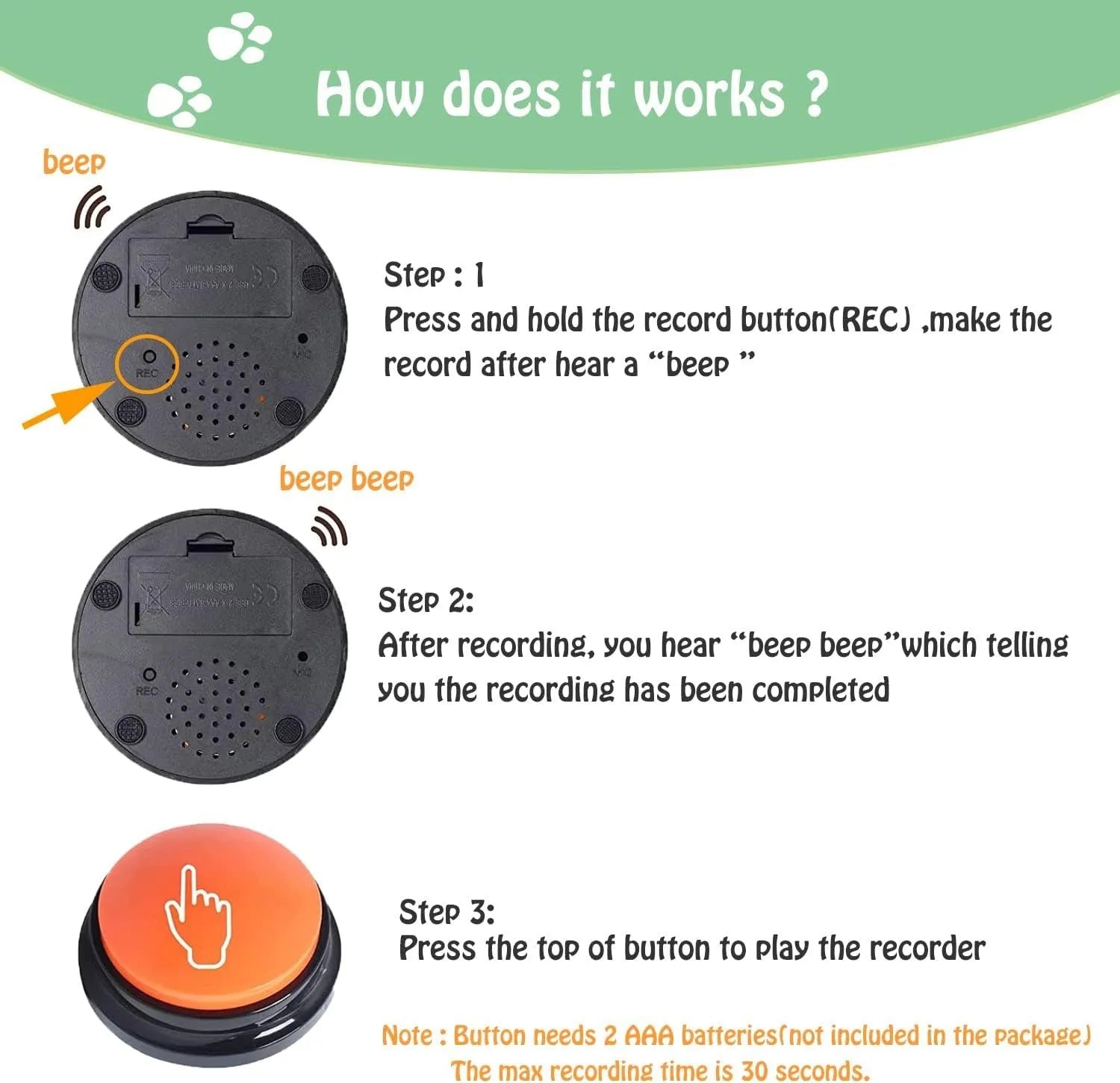 Voice recording button pet training buzzer in multiple colour options with record and playback functions