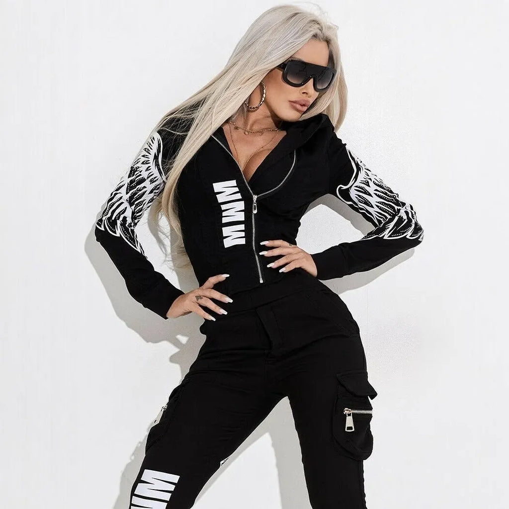 Women's black polyester casual suit with wings printing pattern, hooded jacket and matching trousers