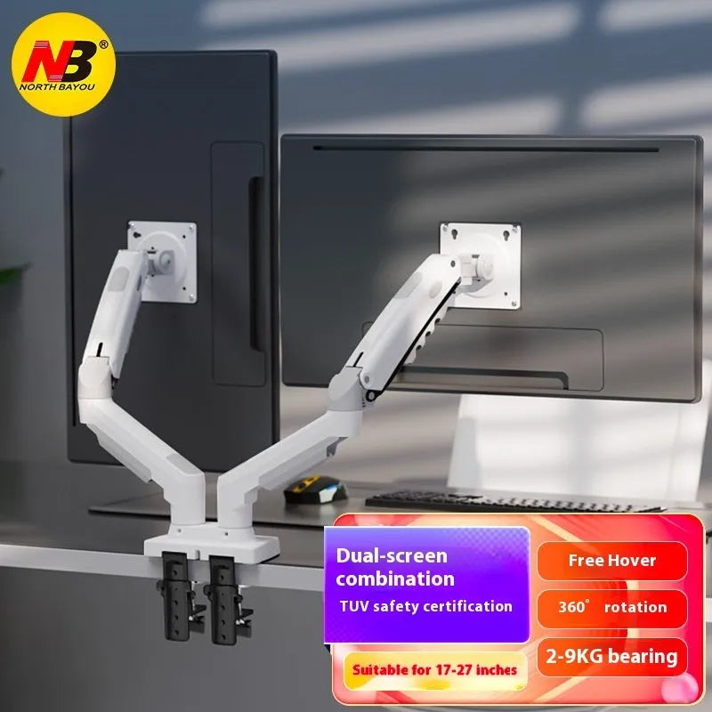 Aluminium alloy dual monitor desktop bracket in gun black colour, showing two adjustable arms for screens.