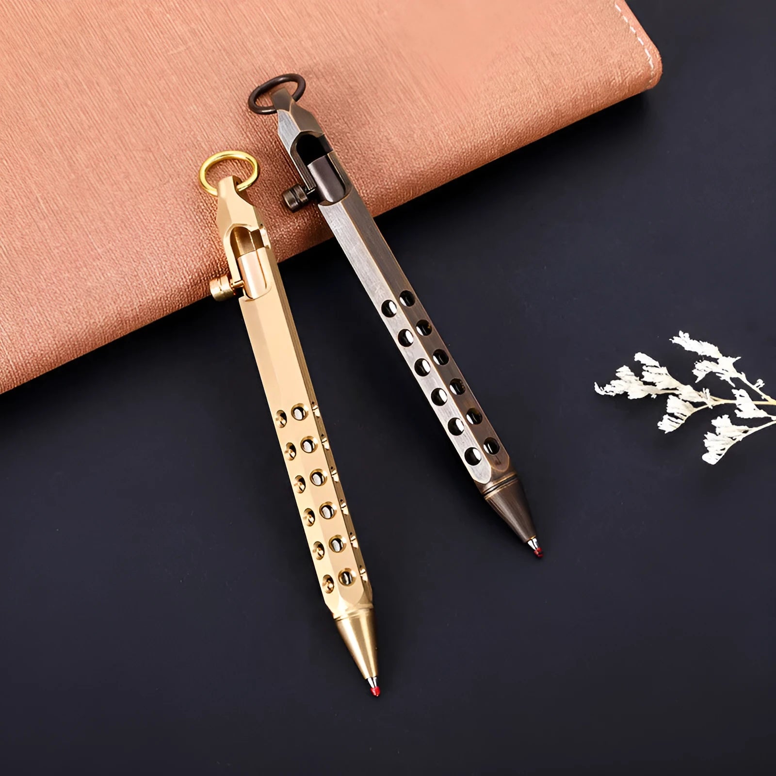 Brass hexagonal bolt pen showing six-sided barrel and bolt detailing with 0.5mm rollerball tip