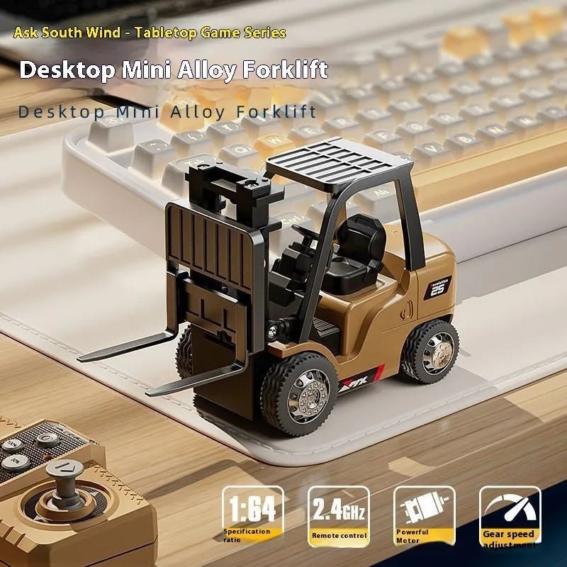 1:64 scale blue alloy remote control forklift toy with cargo hook and pallet on a table.