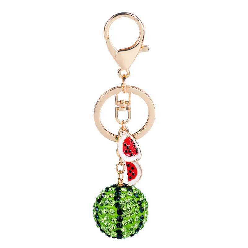 Green watermelon-shaped metal keychain with keyring, 12cm zinc alloy fruit accessory