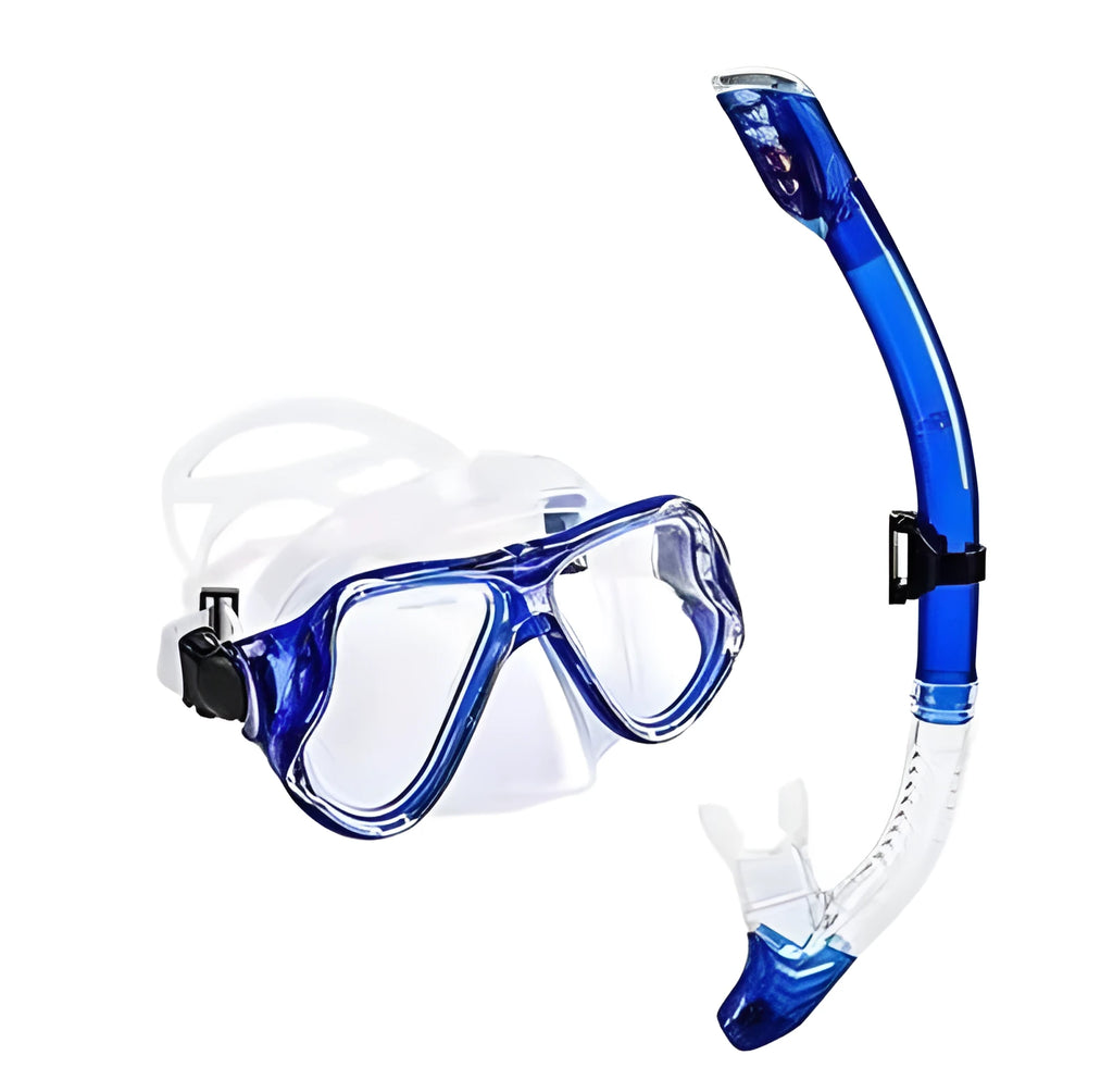 Set of diving goggles with PC frame, transparent lens, and adjustable silicone strap in multiple colours.