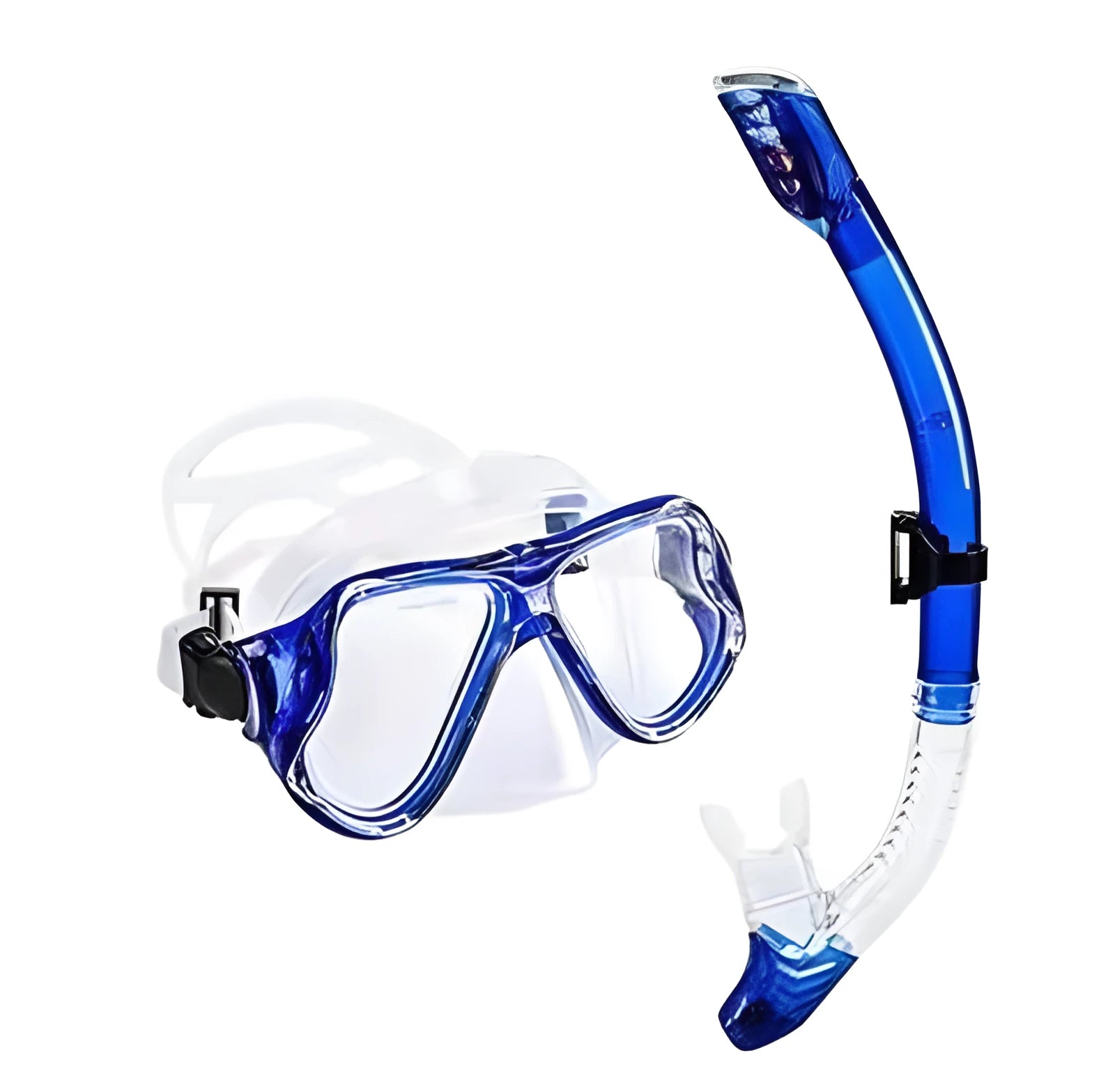 Set of diving goggles with PC frame, transparent lens, and adjustable silicone strap in multiple colours.