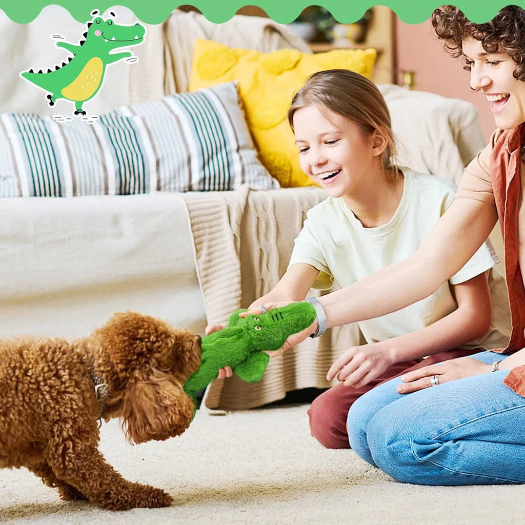 Green crocodile-shaped plush dog toy with no-stuffing construction for safe chewing