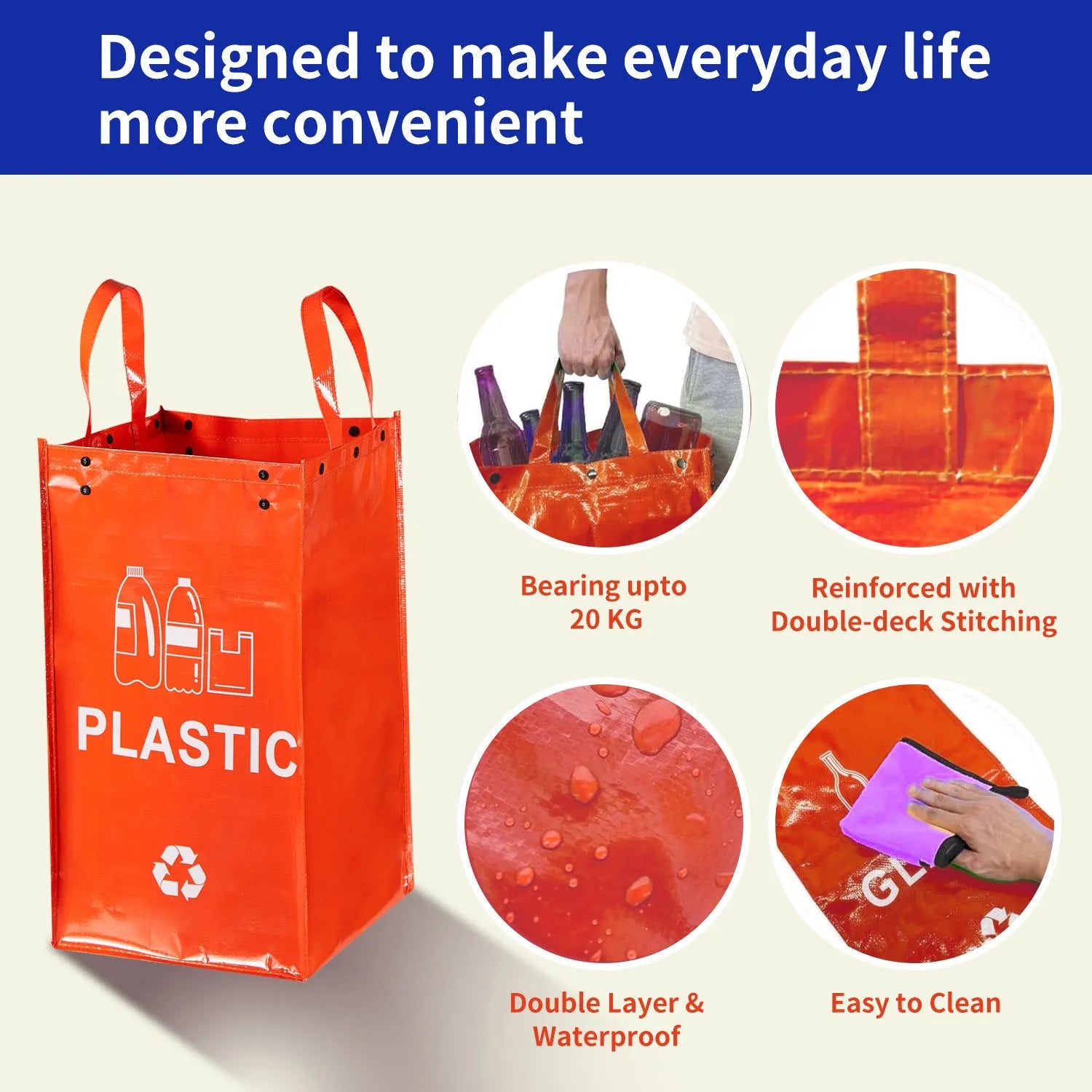 Blue 40L reusable PP waste sorting bag, 30cm wide by 50cm tall, standing upright.