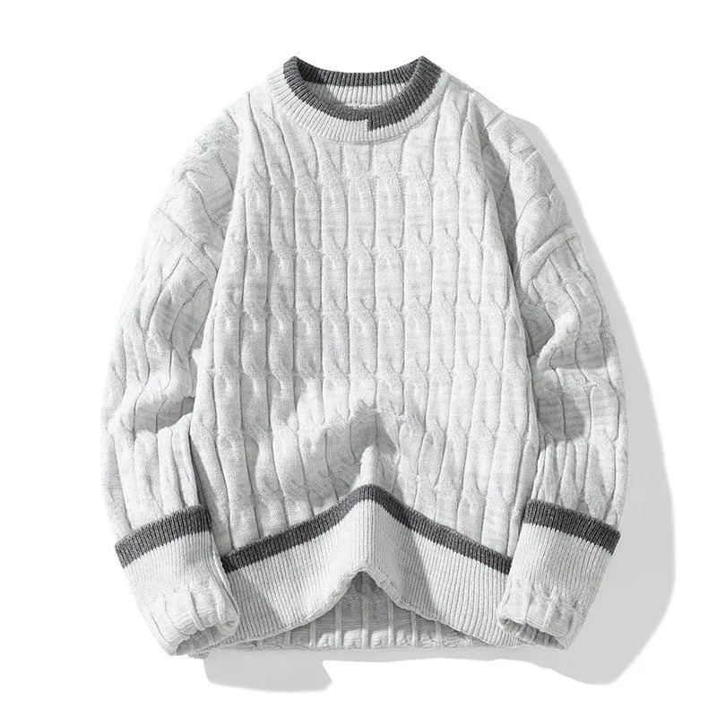 Men's loose grey and blue modal acrylic sports pullover sweater on a hanger.